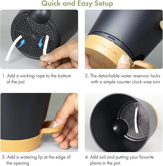 7/6.5/6/5.5/5/4 inch Self Watering Pots for Indoor Outdoor Plants, 6 Pack Plastic Flower Planters with Drainage Holes and Removable Saucers, Plant Pots with Wicking Rope, Black Brown by GreenHaven Gardens