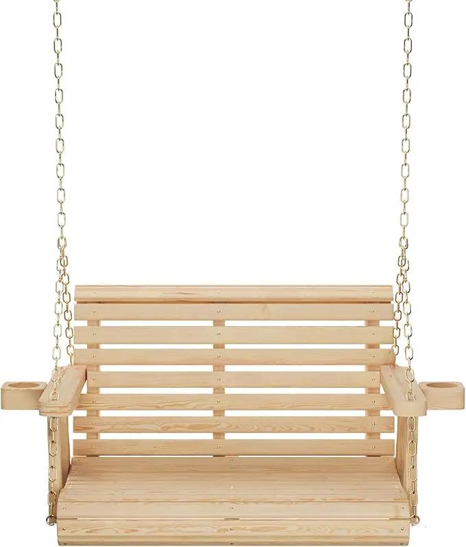 Amish Casual 3 Foot Roll Back Porch Swing with Cup Holders in Unfinished - Amish Made in The USA from Treated Pine Heavy Duty 700 Lb. Weight Capacity by GreenHaven Gardens
