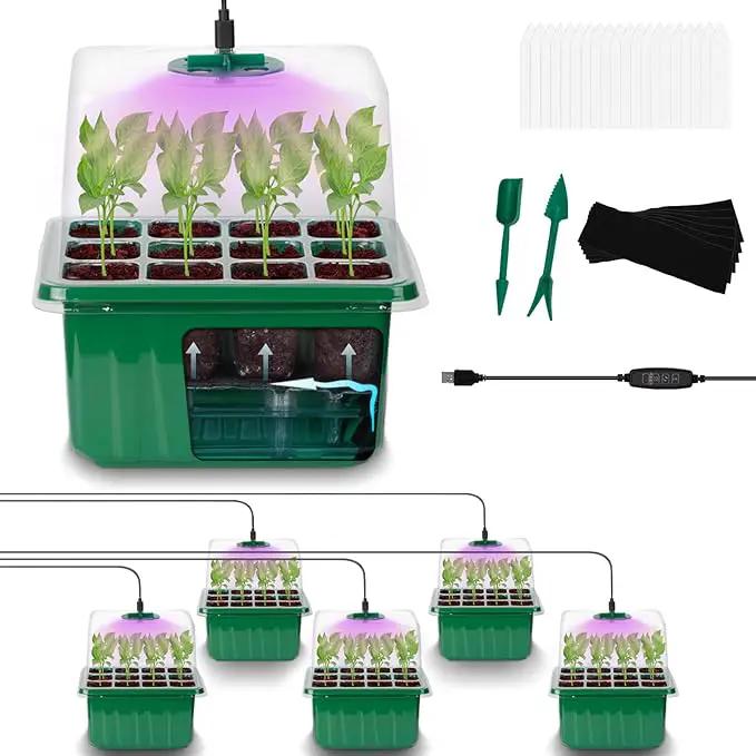 Self-Watering Seed Starter Tray - Kit with Grow Light and Humidity Dome, 6-Pack 72-Cell Plant Seedling Tray,Reusable Plastic Germination Trays for Indoor Gardening Seeds Growing Starting by GreenHaven Gardens