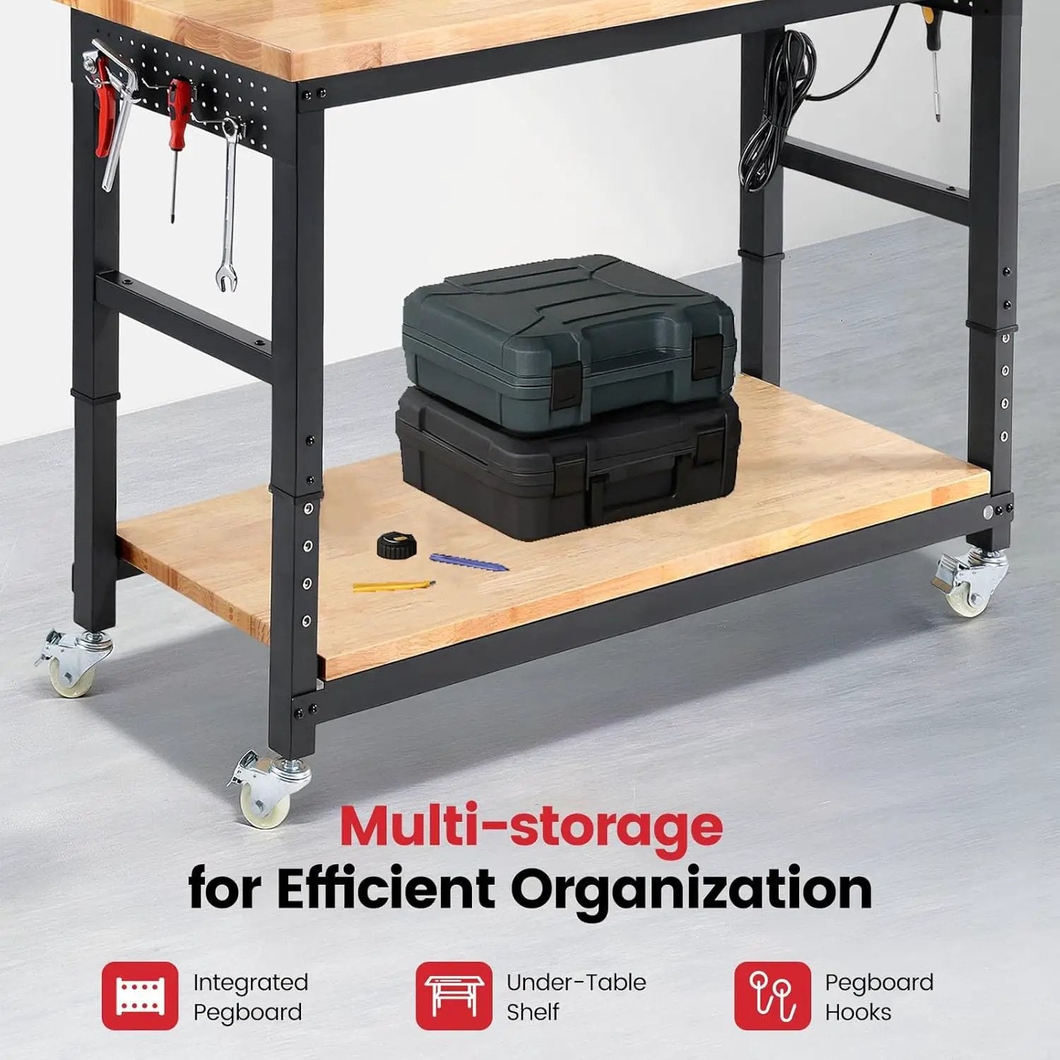 Workbench for Garage with Wheels 60 x 22 Inch Heavy Duty Rubberwood Tabletop Work Table with Under Table Shelf, Pegboard, Power Outlets for Woodworking Shop Home Office by GreenHaven Gardens