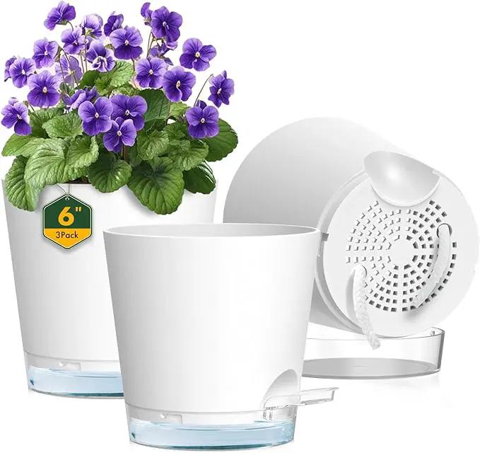 6 inch Self Watering Pots for Indoor Outdoor Plants, 3 Pack Flower Plant Pots with Drainage Holes and Clear Reservoirs, Visible Water Level, Plastic Planters with Wicking Rope, White by GreenHaven Gardens