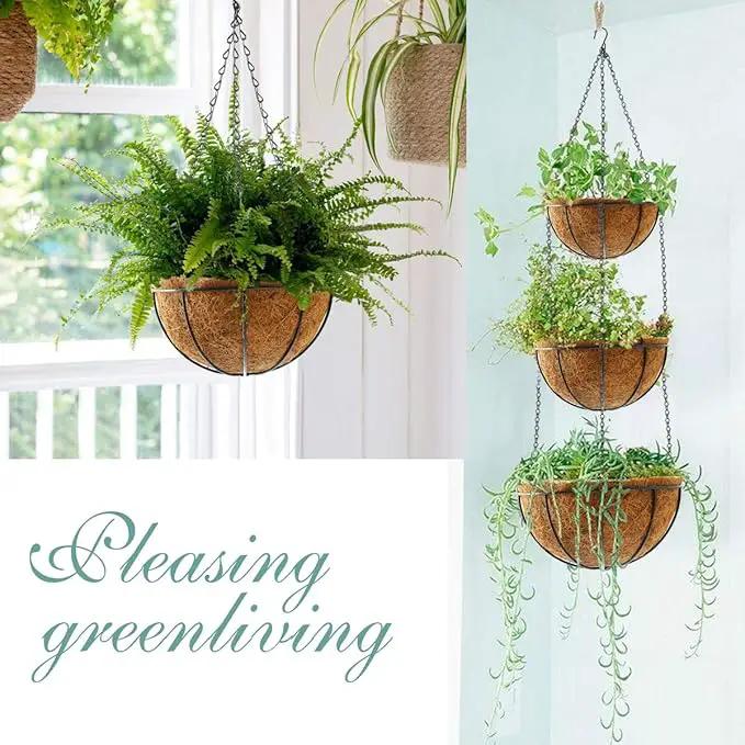 Hanging Plant Basket Flower Holder (2pack, 16 inch)-Metal Wire Round Hanging Basket Planter with Coco Fiber Liners for Plants Flower Pots Outdoor Garden Porch and Balcony Decor by GreenHaven Gardens