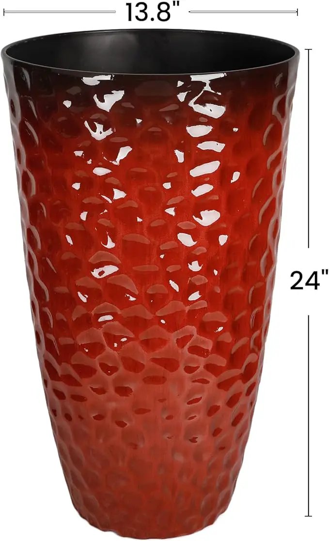 Worth Garden 14" Dia x 24" H Large Plastic Planters with Drainage Hole, Set of 2 Hammered Texture Red Glossy Smooth Finish, Tall Taper Round Decorative Flower Plant Pot for Indoor Outdoor, Front Porch by GreenHaven Gardens