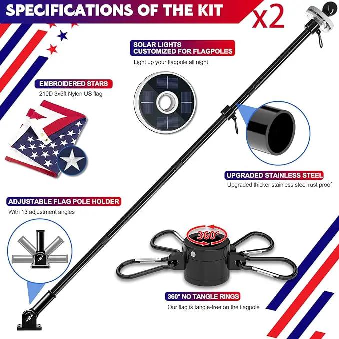 ZMTECH 2 Pack 5FT Flag Pole Kit with Solar Light and Proud American Flag, Adjustable Bracket and Upgraded Tangle-Free Ring 1" Stainless Steel Flagpole for Day and Night, Residential, Commercial, Black by GreenHaven Gardens