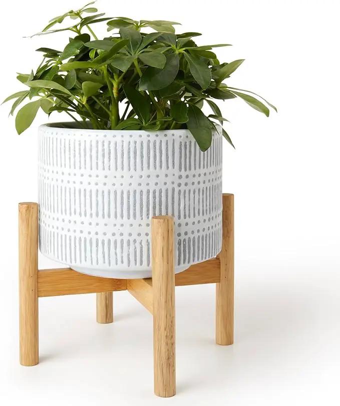 LA JOLIE MUSE Ceramic Plant Pot with Wood Stand - 9.4 Inch Modern Round Decorative Flower Pot Indoor with Wood Planter Holder, Slate Blue and White by GreenHaven Gardens