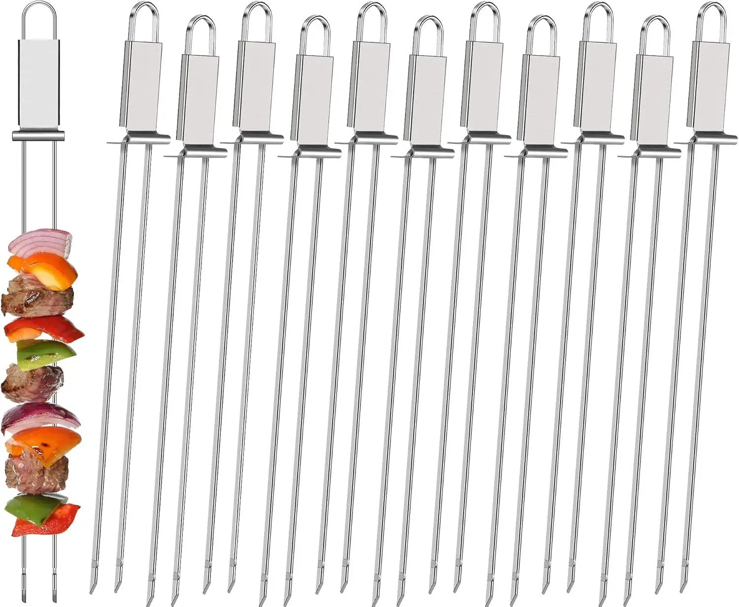 Lallisa Kabob Skewers - Metal BBQ Skewer Sticks with Push Bar for Meat, Chicken, Vegetable & Fruit (12 Pieces) by GreenHaven Gardens