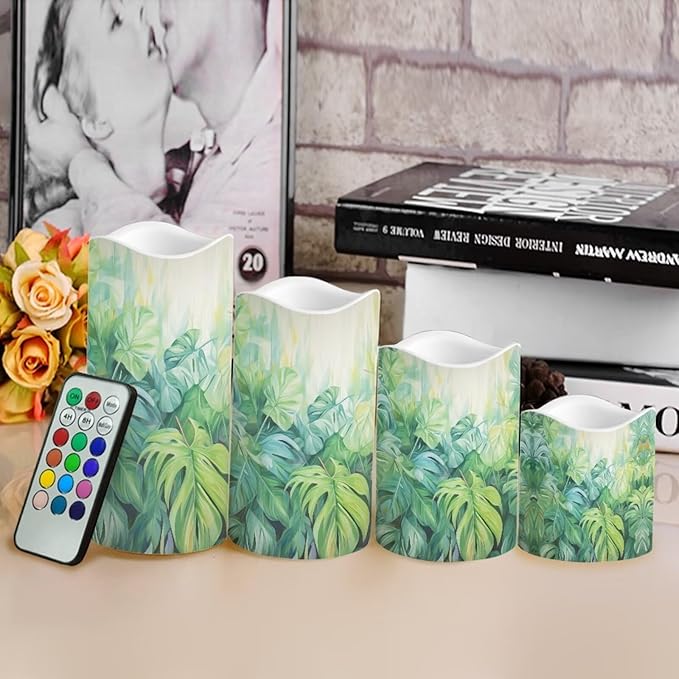 Ystardream Tropical Leaf Flameless Candles with Remote Battery Operated Candles Realistic LED Candles with Remote and Timer Set of 4 for Home Wedding Birthday Decorations by GreenHaven Gardens