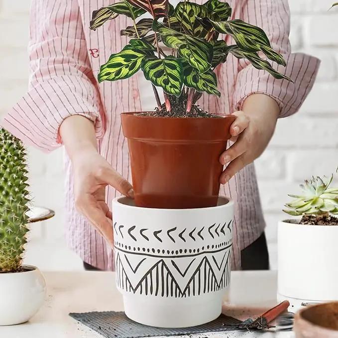 Boho 6 Inch Ceramic Plant pots, Geometric Ceramic Embossed Flower Pots Indoor with Drainage Holes, 2 Set Minimalistic Planters for Indoor and Outdoor Plants(Beige&Black) by GreenHaven Gardens