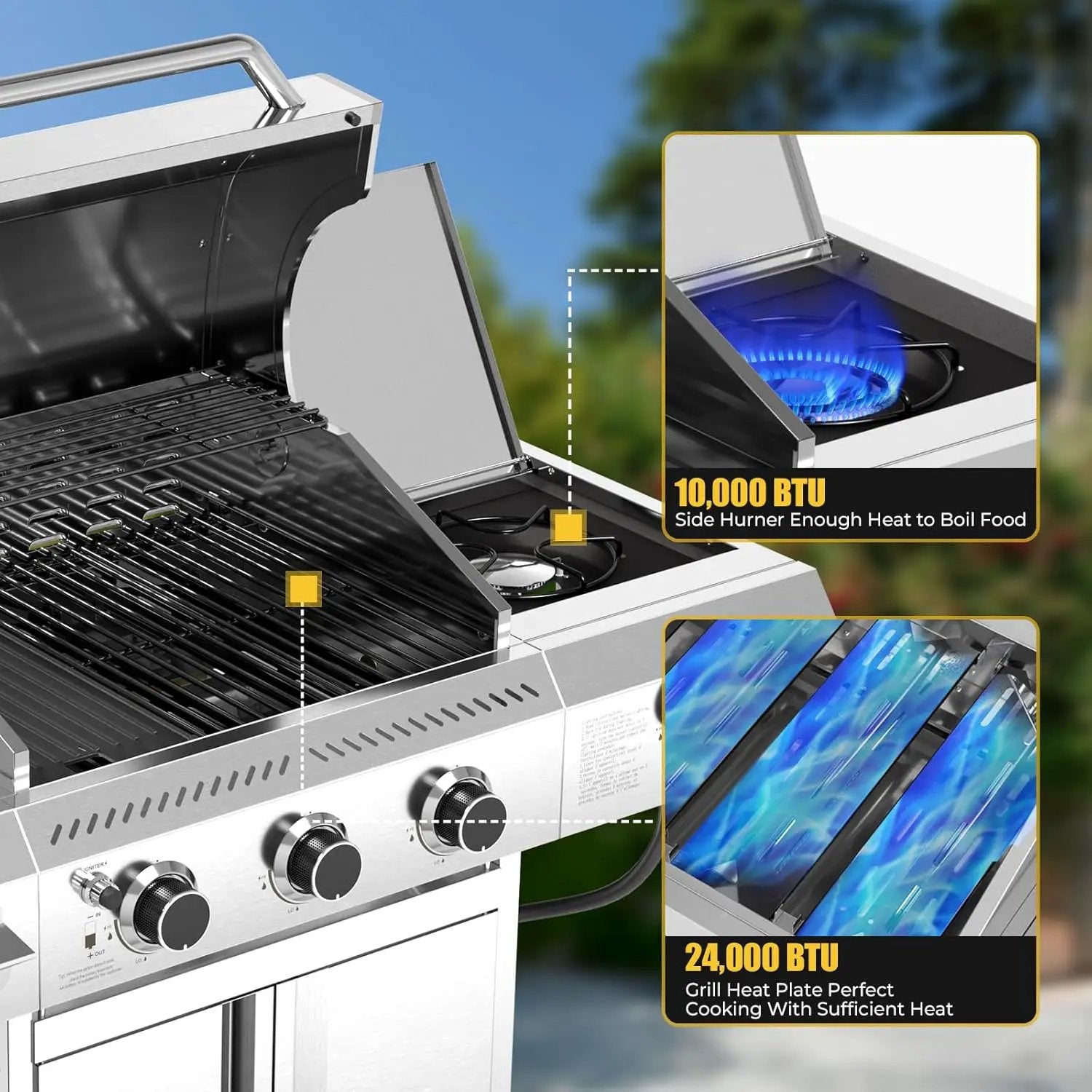 R.W.FLAME 3-Burner Propane Gas Grill With Sider Burner,304 Stainless Steel Propane Grill 34,000BTU,Multifunction & Protable Outdoor Barbecue Grill with Casters for Camping & Parties by GreenHaven Gardens