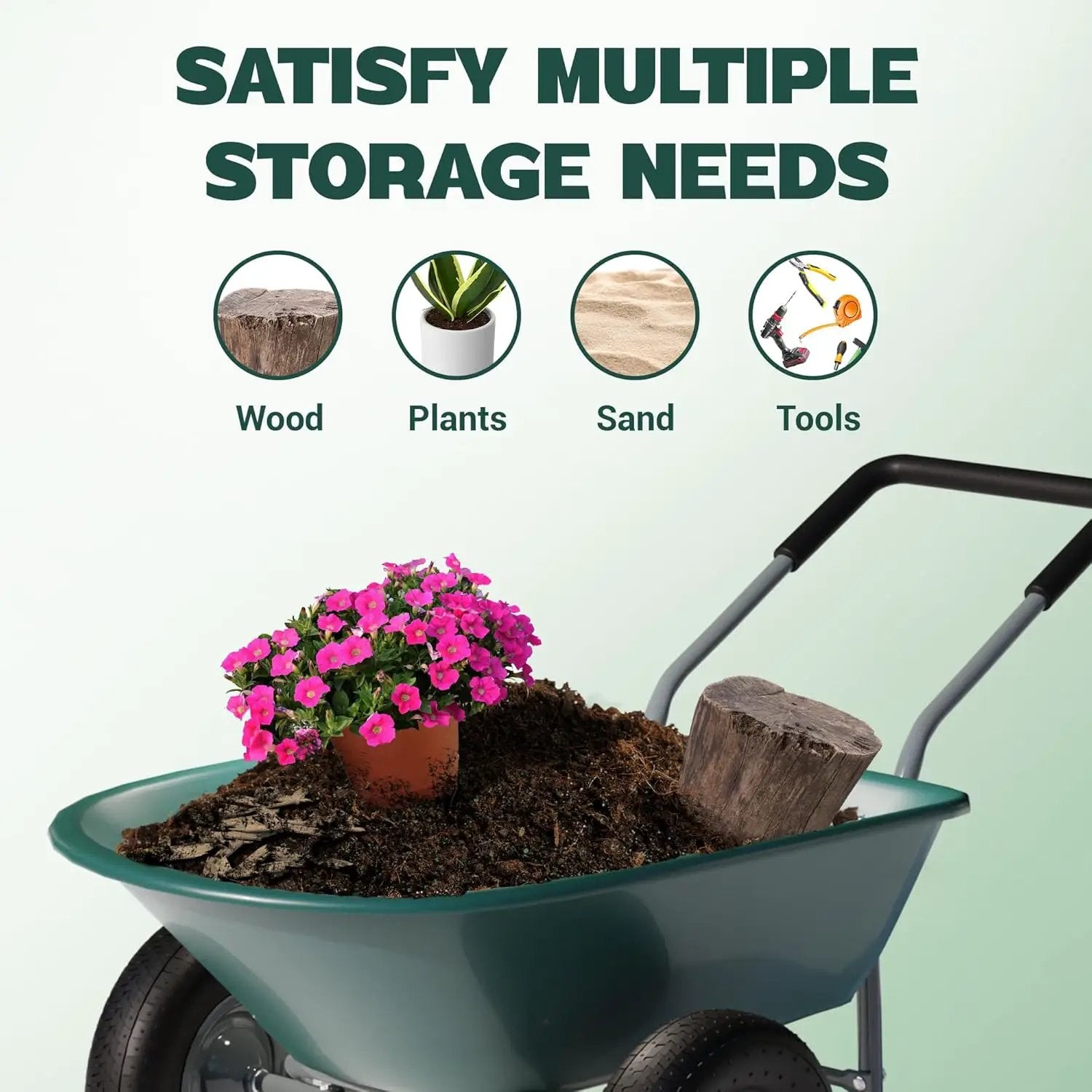 Idzo 2-Wheel Heavy-Duty Wheelbarrow Cart, 330 lb Capacity, Ergonomic Padded Handle and 14 Inch Pneumatic Tires for Maximum Stability, Ideal Wagon for Moving Soil, Shrubs, Plants, Easy Assembly by GreenHaven Gardens
