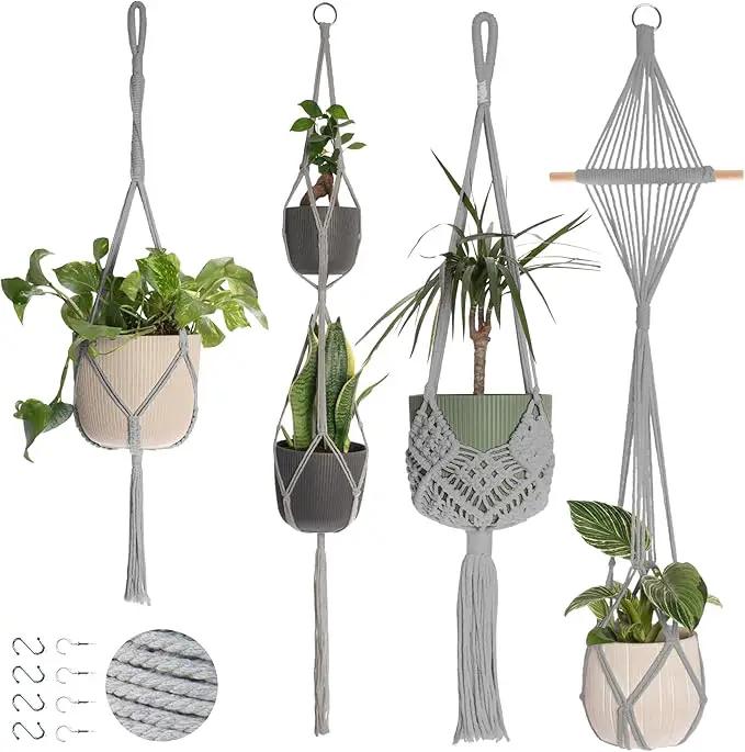Nook Theory 4-Pack Macrame Plant Hanger - with 8 Ceiling Hooks - Hanging Planter Indoor Outdoor - Hanging Plant Holder - Decorative Bohemian Plant Hangers - Hanging Plants (Light Gray) by GreenHaven Gardens