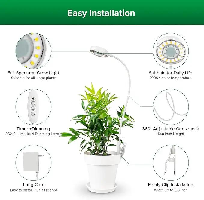 SANSI Grow Lights for Indoor Plants, Pot Clip LED Plant Light for Growing Full Spectrum, Plant Growing Lamp with 4-Level Dimmable, Auto On Off 3 6 12 Hrs Timer for Pot Plants, White 10W 1-Pack by GreenHaven Gardens