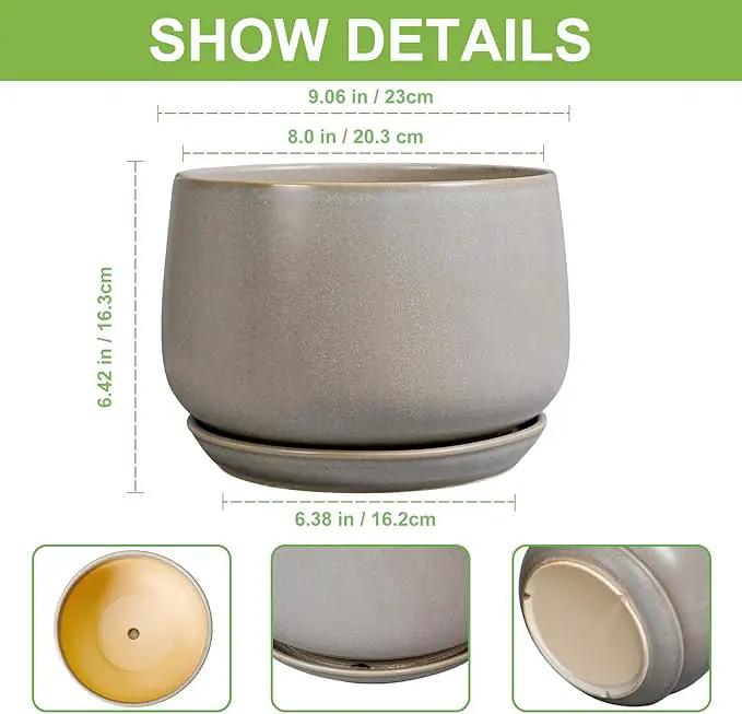 G EPGardening Ceramic Planter 9 Inch - Round Modern Plant Pots with Drainage and Plant Saucer Indoor Outdoor for Flower, Vanity Decor, House Gifts, Retro Grey by GreenHaven Gardens