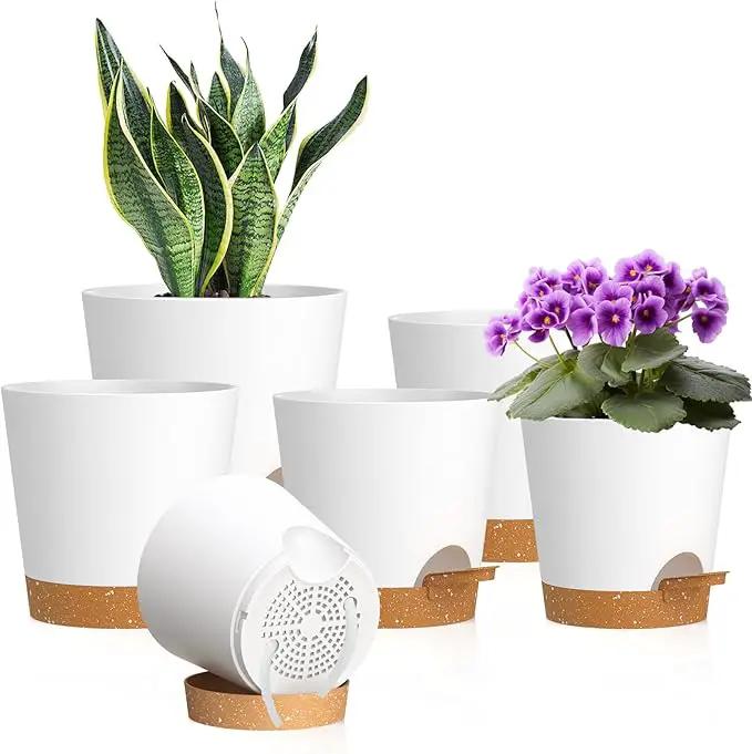 7/6.5/6/5.5/5/4 inch Self Watering Pots for Indoor Outdoor Plants, 6 Pack Plastic Flower Planters with Drainage Holes and Removable Saucers, Plant Pots with Wicking Rope, White Brown by GreenHaven Gardens