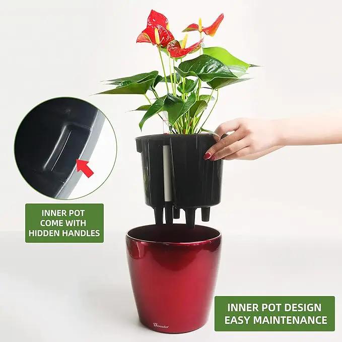 Dexceder 9x8 Inches High Gloss Self Watering Planter Indoor Outdoor, Inner Pot Design, Thickened Table Flower Plant Pot with Water Level Indicator (Red) by GreenHaven Gardens