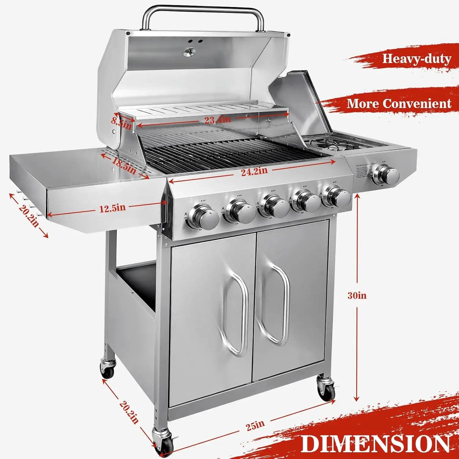 Llamaviva 68,000 BTU 5-Burner Propane Gas Grill with Side Burner & Food Clip | Professional Stainless Steel Outdoor BBQ Grill | 647 sq in Cooking Space + Warming Rack | Patio Cart Design for Backyard by GreenHaven Gardens