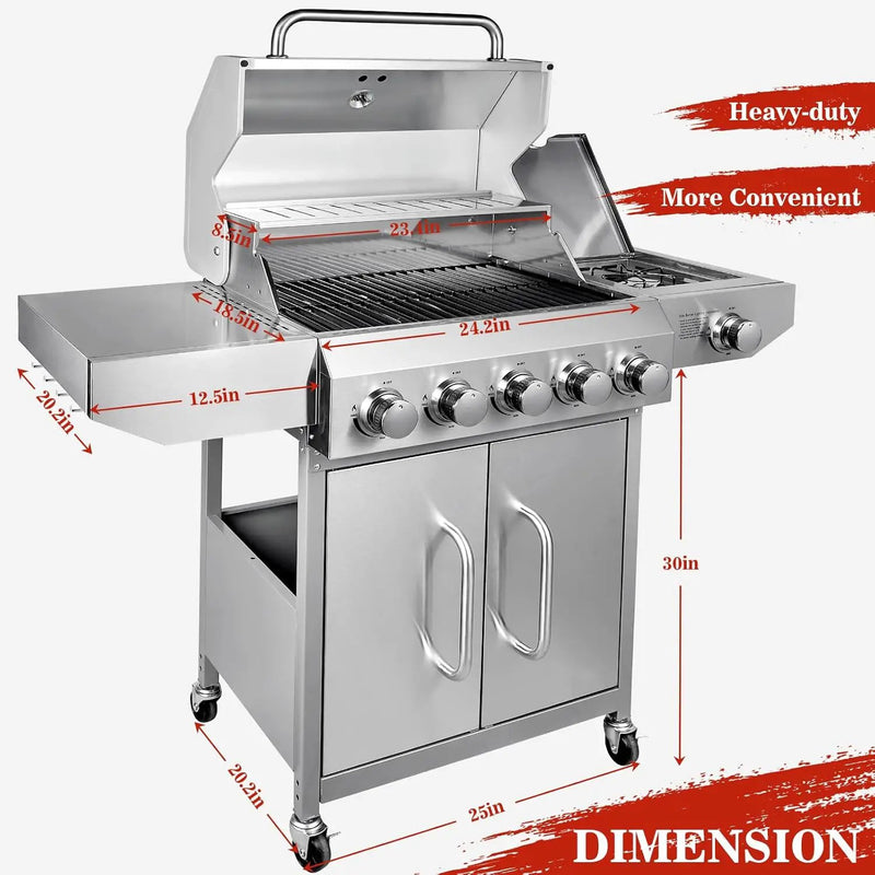 Llamaviva 68,000 BTU 5-Burner Propane Gas Grill with Side Burner & Food Clip | Professional Stainless Steel Outdoor BBQ Grill | 647 sq in Cooking Space + Warming Rack | Patio Cart Design for Backyard by GreenHaven Gardens