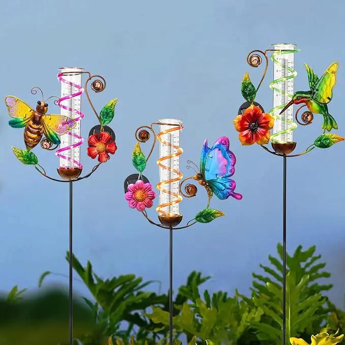BAYN 36.3” Rain Gauge Outdoor Solar Powered 10 LEDs 7” Tube Garden Hummingbird Metal Decorative Stake with Waterproof Large Glass Tube Rain Guage for Yard, Garden, Patio, Lawn by GreenHaven Gardens