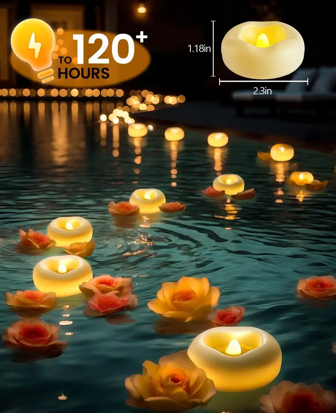 48-Pack 2” Floating Candle, 200 Hour Water Activated Warm White Battery Powered Flameless LED Floating Candle Floating for centerpieces/Bathtub/Pool/Fountain by GreenHaven Gardens