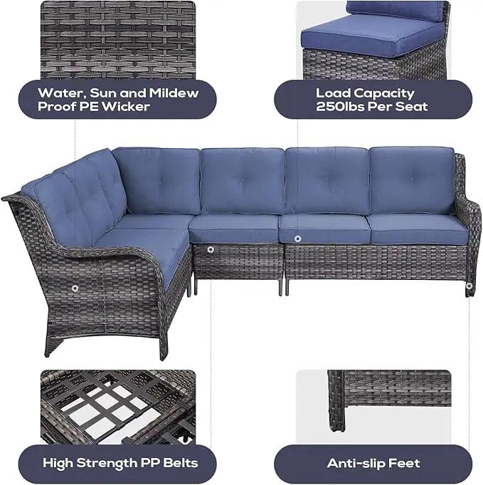 Outdoor Furniture Sectional Sofa L Shaped Couch - Patio Wicker Set with 2 Swivel Glider Chairs, 8 Piece Rattan Patio Conversation Sets with Blue Cushion for Deck Backyard Sunroom by GreenHaven Gardens