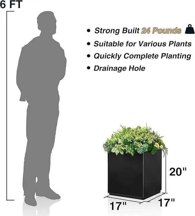 Metallic Heavy Cube Planter Box, No Assembly Required, Seamless Large Black Outdoor Planter 17”Lx17”Wx20”H 24Pounds Black with Hand Brushed Gold Rim by GreenHaven Gardens