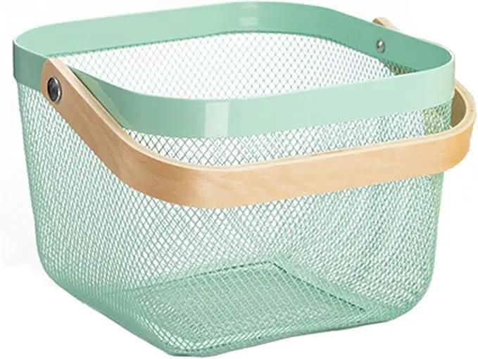 Metal Mesh Steel Basket, Storage Organizer Basket Multi-functional Hanging Kitchen Baskets Fruit Basket with Wooden Handle for Kitchen Bathroom Picnic Shopping Decor Cabinet Home, Macaron Blue by GreenHaven Gardens