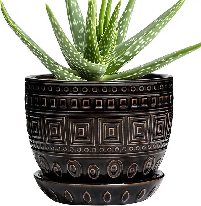 G EPGardening Ceramic Plant Pot - 5.5 Inch Ceramic Planter for Indoor Plants, Boho Round Indoor Flower Pot with Drainage Hole and Saucer, Plant Lover Gifts, Garden Home Room Decor, Black by GreenHaven Gardens