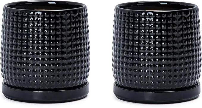 D'vine Dev Set of 2 Ceramic Plants Pots, 4 Inch Beaded Stoneware Flower Pot for Plants with Drainage Hole and Saucer, Glossy Black, 27-E-Z-2 by GreenHaven Gardens