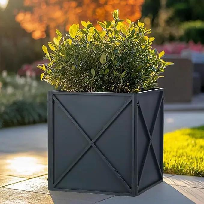 BAYN Metal Square Planter Box Tall Planters for Outdoor Plants Modern Heavy Duty with Drainage Holes for Outside Indoor Patio Deck - Grey, 17”x 17”x 18” by GreenHaven Gardens