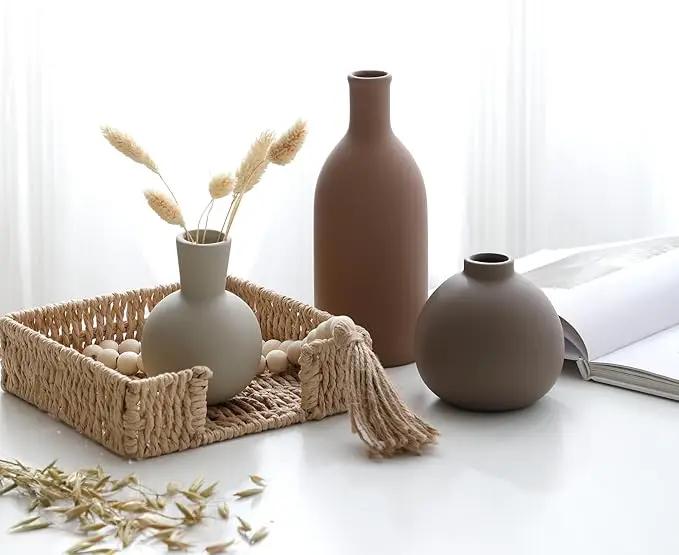 Ceramic Vase Set of 3, Vases Home Decor Rustic Farmhouse Decorative Vase Pottery Vases for Bouquet Pampas Grass Dried Fresh Flowers, Table Living Room Kitchen Bedroom Bathroom - Brown by GreenHaven Gardens