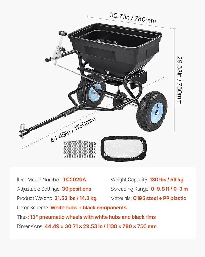 VEVOR Tow Behind Broadcast Spreader, 130LBS Capacity, Tow-Behind Lawn Spreader with 13 in Tires, 30 Adjustable Setting & 9.8 ft Spreading Width, Lawn Spreaders for Seed, Fertilizer, Salt, Ice Melt by GreenHaven Gardens
