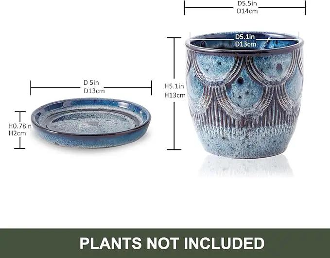 Ceramic Planter Pot, 5in, Reactive Glaze Blue, Indoor Outdoor Usage, with Drainage Hole and Saucer by GreenHaven Gardens