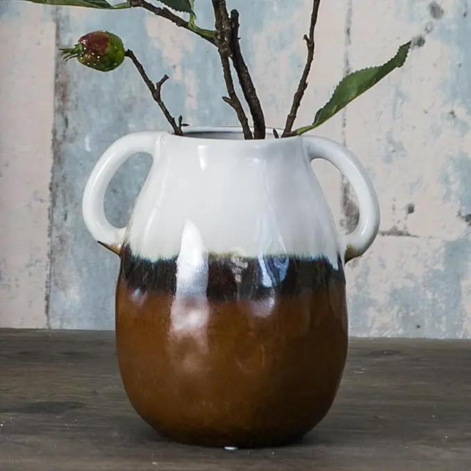 Multi Gradient Ceramic Vase with 2 Handles, Modern Farmhouse Decor, Rustic Terracotta Pottery, Decorative Flower Vases, Clay Small Vase, Centerpiece for Dining Table - 7 Inch Tall by GreenHaven Gardens