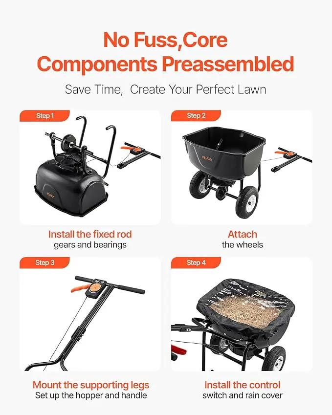 VEVOR Broadcast Spreader, 60LBS Capacity, Walk-Behind Push Spreader, 0-9.8 ft Spreading Width, 10 in All Terrain Pneumatic Tires, Lawn Spreaders with Hopper Grate, for Seed, Fertilizer, Salt, Ice Melt by GreenHaven Gardens