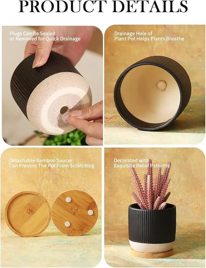 AOMRYOM 4 Inch Small Ceramic Plant Pots with Drainage Hole and Saucer, Modern Flower Planter for Succulent, Indoor Plants, Cactus, Herbs, Black, Set of 4 (Plant Not Included) by GreenHaven Gardens