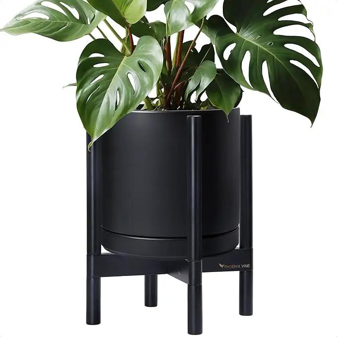 D'vine Dev Ceramic Planter with Ebony Stand - 12 Inch Modern Round Flower Pot with Wood Planter Holder, Black, 55-B-H-2 by GreenHaven Gardens