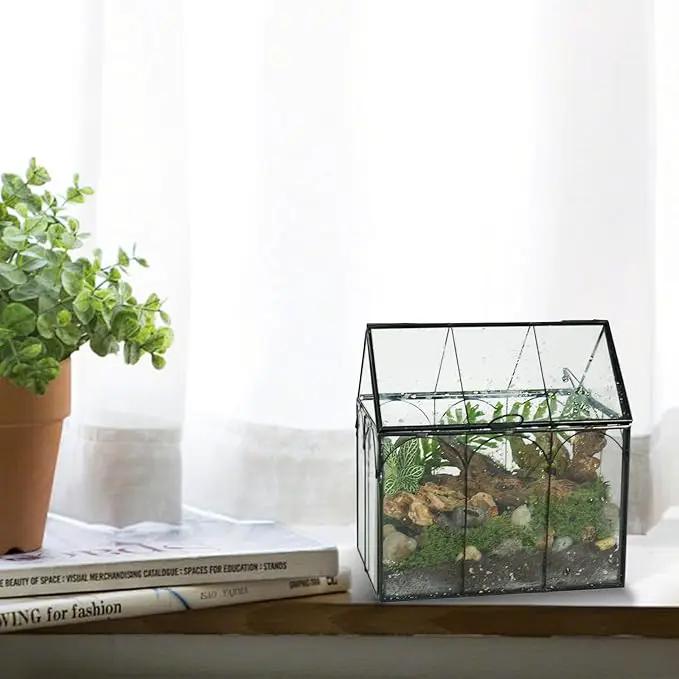 Ferrisland Glass Terrarium Plants with Lid, Black Geometric Terrarium Jar for Succulent Air Carnivorous Plant Moss Snail, House Shape Mini Tabletop Greenhouse Indoor Decor DIY Present (Only Terrarium) by GreenHaven Gardens