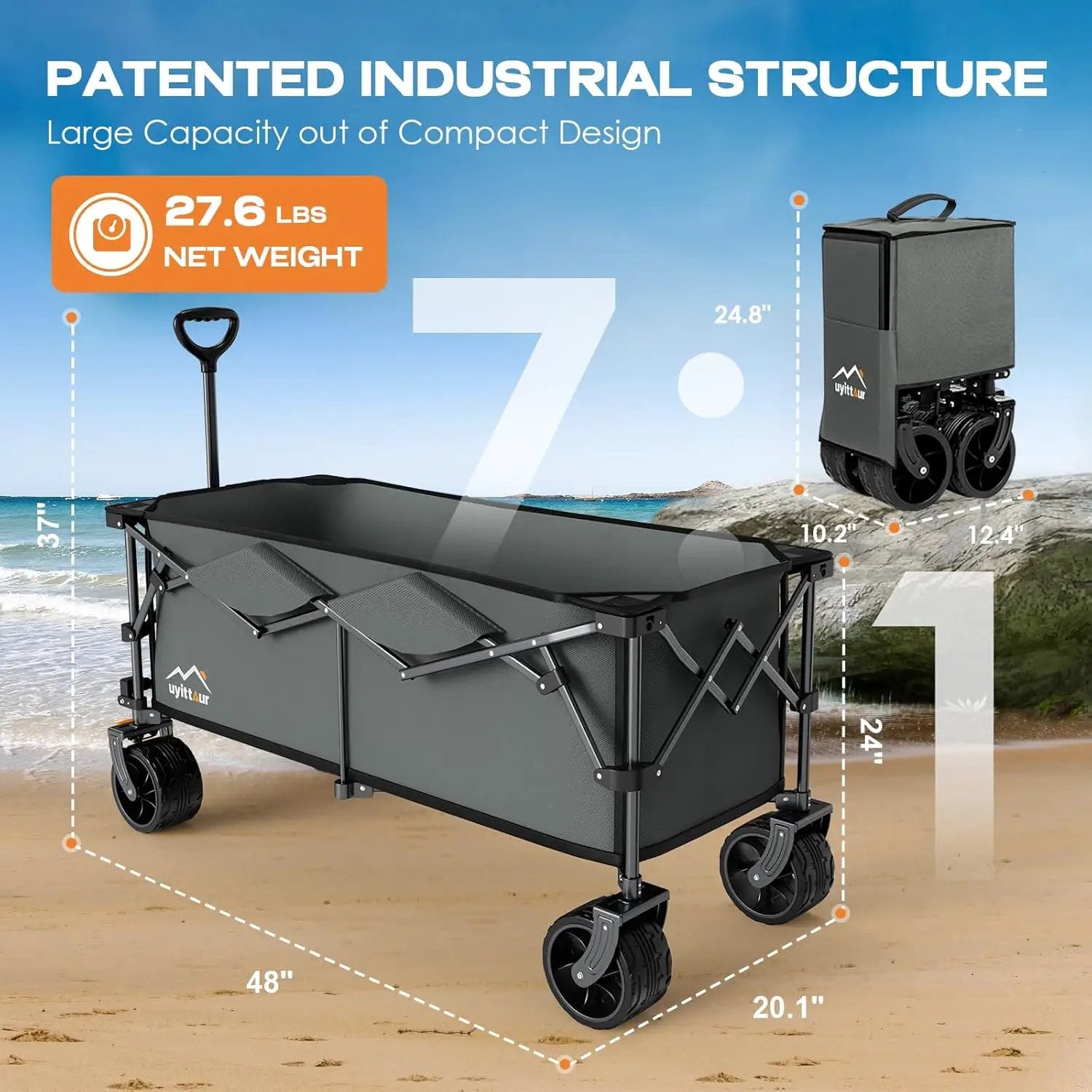 300L Extra Large Collapsible Foldable Wagon, 440lbs Load Capacity 48''L Extended Heavy Duty Folding Beach Wagon with Big All-Terrain Wheels, Utility Garden Cart for Outdoor Activities, Gray by GreenHaven Gardens