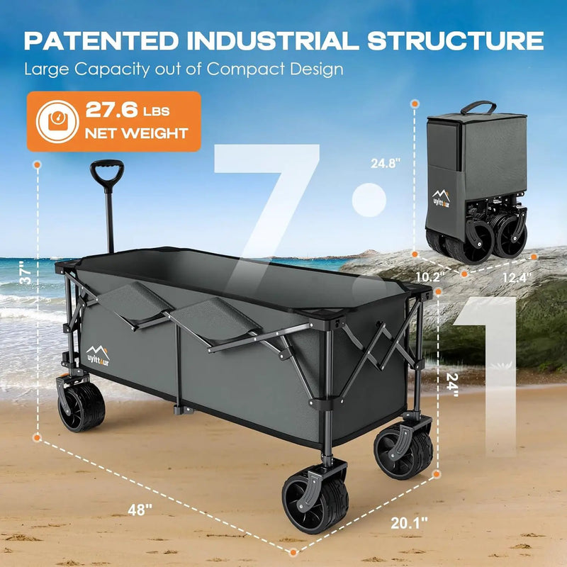 300L Extra Large Collapsible Foldable Wagon, 440lbs Load Capacity 48''L Extended Heavy Duty Folding Beach Wagon with Big All-Terrain Wheels, Utility Garden Cart for Outdoor Activities, Gray by GreenHaven Gardens