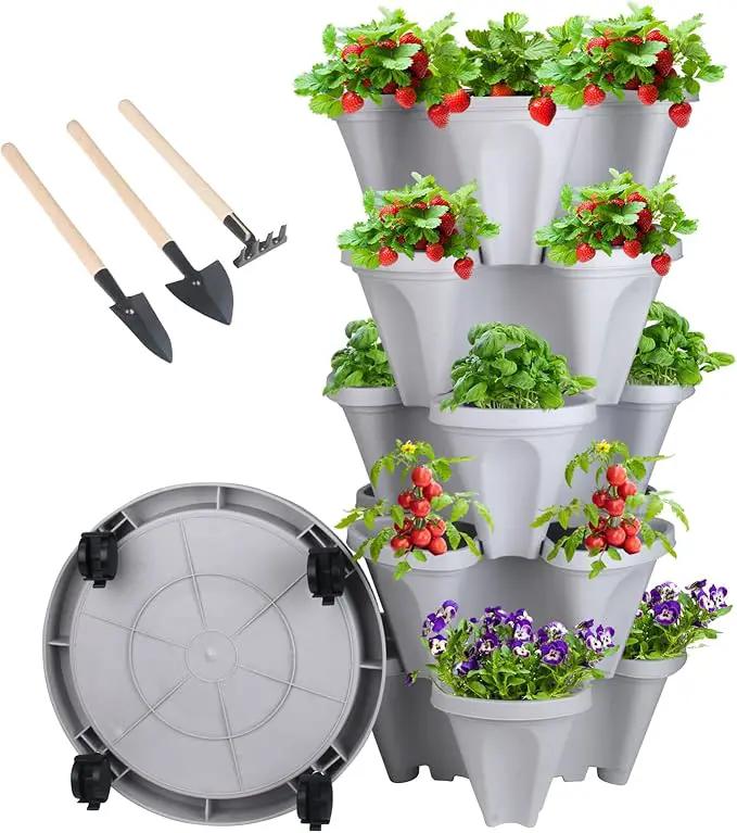 DUNCHATY Stackable Planter, Vertical Garden Planter with Wheels and Garden Tools, Strawberry Planter Indoor/Outdoor 5 Tier Herb Planter Pots for Growing Vegetables and Succulents,Gray by GreenHaven Gardens