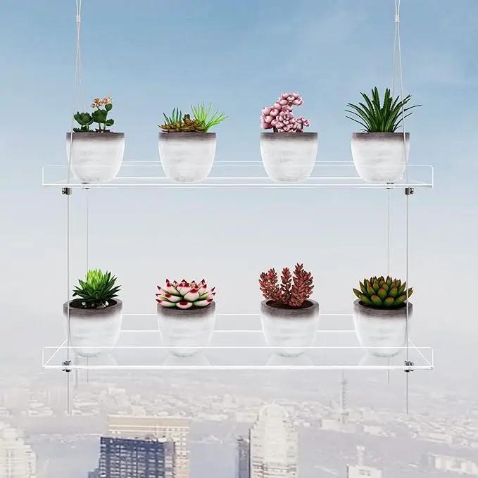 2-Tier Clear Hanging Window Plant Shelves 16inch,Indoor Windows Wall Hanging Plant Stand Flower Display,Flower Pot Organizer Storage for Window Grow Herbs,Microgreens,Succulents,Flower by GreenHaven Gardens