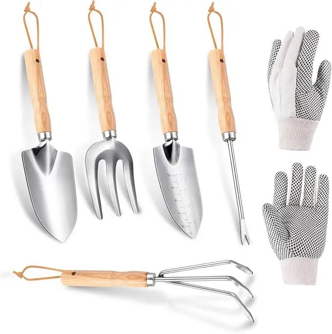 Garden Tools 5-Pieces, Heavy Duty Gardening Hand Tools with Wooden Handle, Canvas Gloves, Stainless Steel Material, Rust-Proof Garden Tool Set, Ideal Gardening Gifts for Women by GreenHaven Gardens