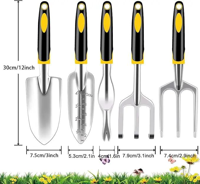 FEBSNOW Garden Tool Set - 5 Pieces Heavy Duty Gardening Hand Tools Kit Include Garden Trowel, Garden Rake, Spade Shovel, Weeder, Cultivator for Men, Women by GreenHaven Gardens