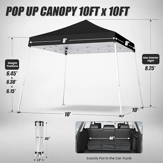 10x10 Pop Up Canopy, 300D Silver Coated Black Fabric Outdoor Gazebo, Beach Tent Slant Legs with Storage Bag,Easy Up Sun Shade Shelter Tents with 8x8 Top Cover for Patio,Party by GreenHaven Gardens