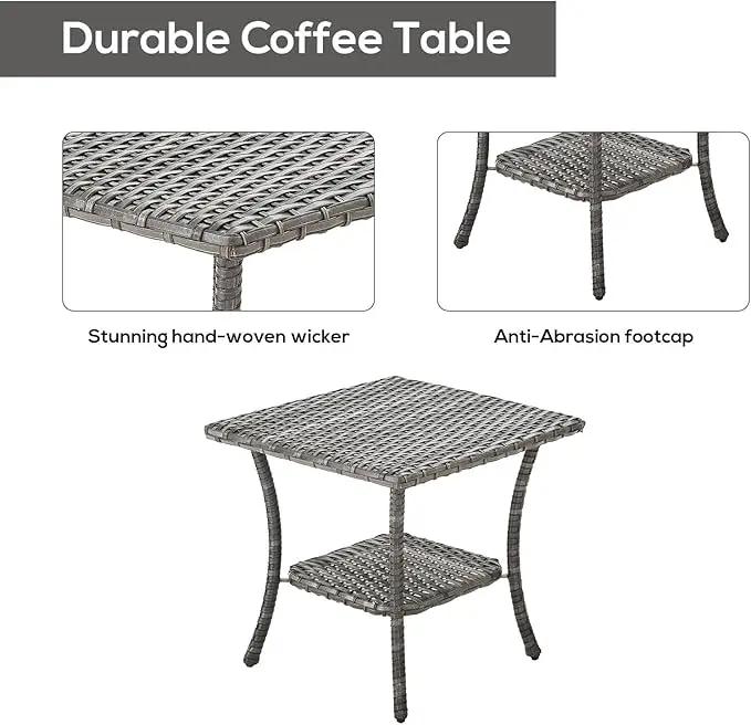 Patio Tables Outdoor Coffee Table - Wicker Rattan Side Tables with 2-Tier Storage Shelf End Table for Porch Deck Balcony Garden Outside Square Mixed Grey by GreenHaven Gardens