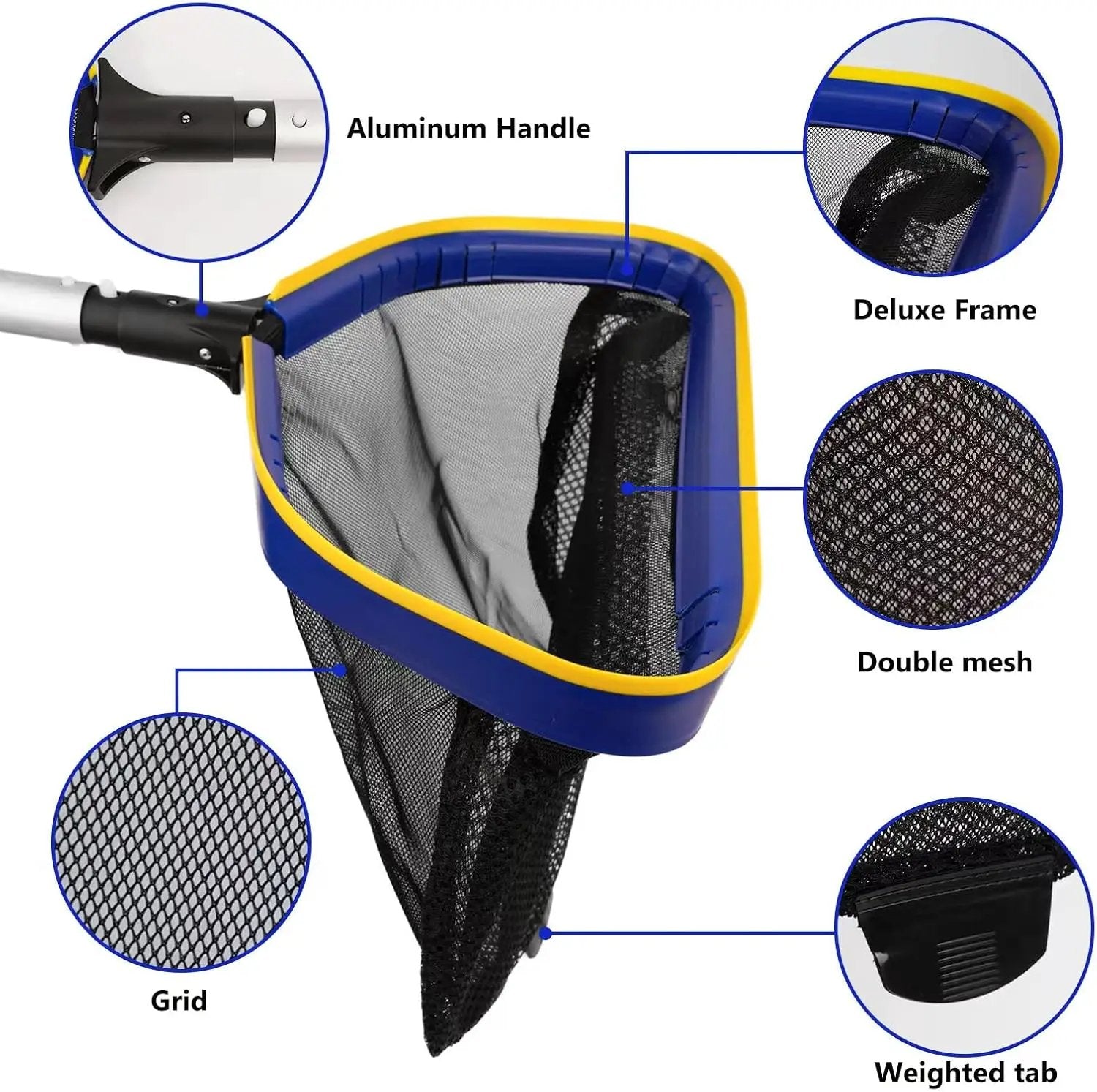Poolvio Pool Deep Skimmer Net with 3ft - 10ft 1.0mm Thick Adjustable Aluminum Pole & Fine Mesh Bag Leaf Skimmer Rake Net for Above Ground & Inground Swimming Pools, Removes All Debris by GreenHaven Gardens