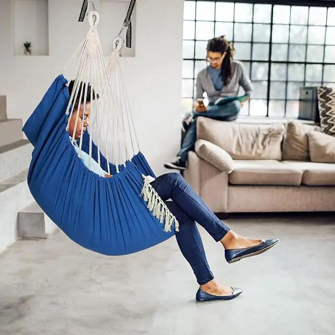 Chihee Hammock Chair Hanging Swing 2 Pillows Included,Strong Webbing Straps and Hooks for Easy Hanging Soft Cotton Hanging Chair Side Pocket Tassel Chair Comfort Indoor Outdoor Royal Blue by GreenHaven Gardens