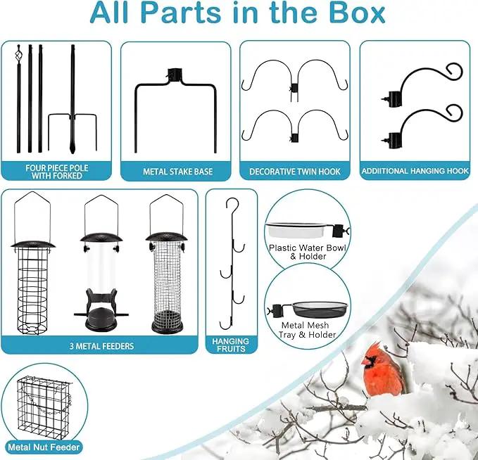 Bird Feeder Station with Suet Cage & Water Bowl Fruit Hook- Adjustable Pole, 6 Hanging Hooks for Wild Birds, Outdoor Garden Bird Feeding Kit by GreenHaven Gardens