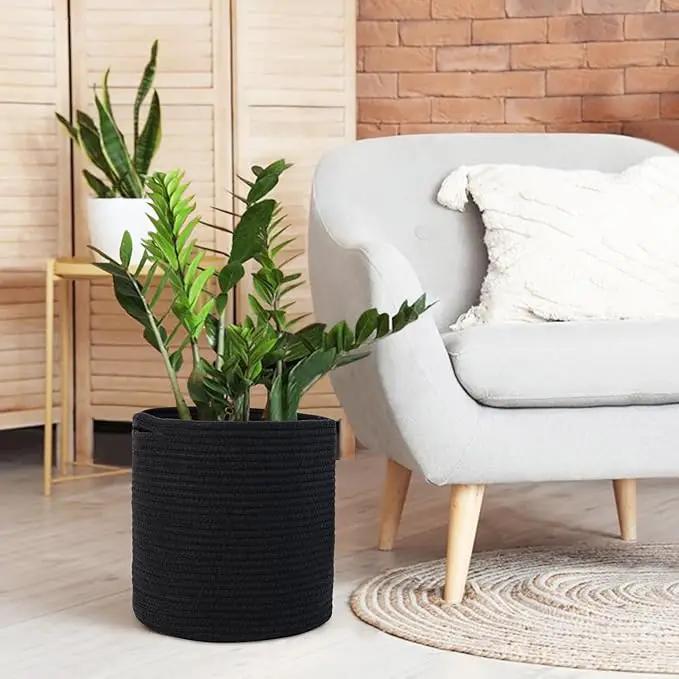Cotton Rope Plant Basket, Woven Basket Planter for 10 inch Pot, Round Indoor Tree Pot Cover, Small Storage Bin Organizer, Modern Basket for Plants and Home Decor, 11”X11”, Black by GreenHaven Gardens