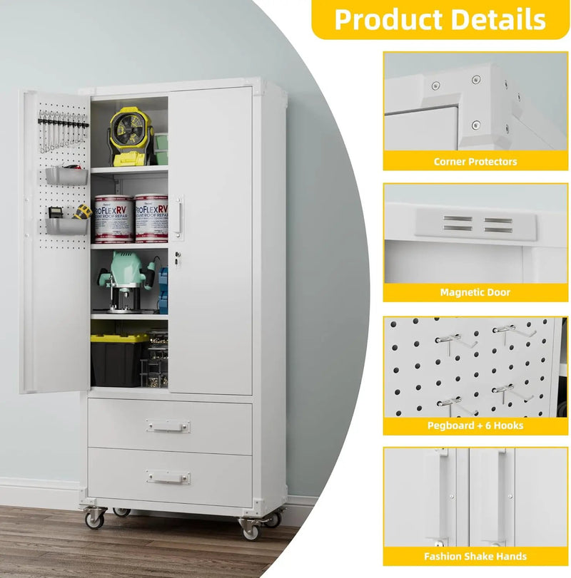 Aobabo 2 Large Drawer Metal Storage Cabinet with Wheels, Lockable Steel Storage Cabinet with 3 Adjustable Shelves with 6 Hooks for Home, Office, Garage, Classroom, White, Assembly Required by GreenHaven Gardens